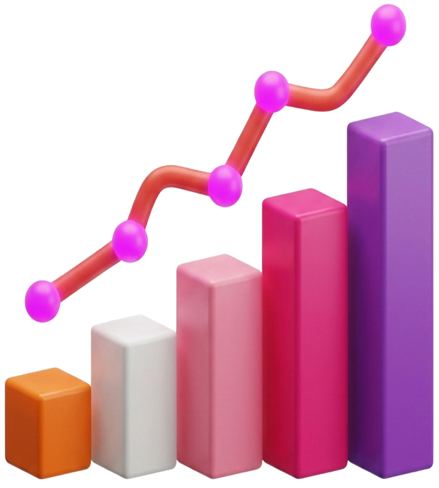 3D bar chart with upward trending growth line representing data analysis