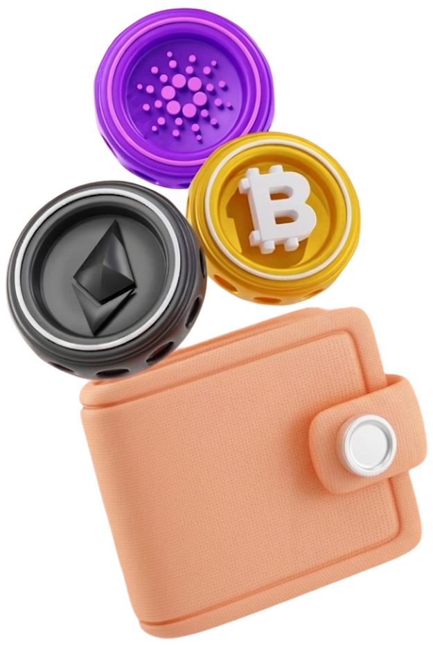 Crypto wallet with Ethereum, Bitcoin, and Cardano coins representing digital finance